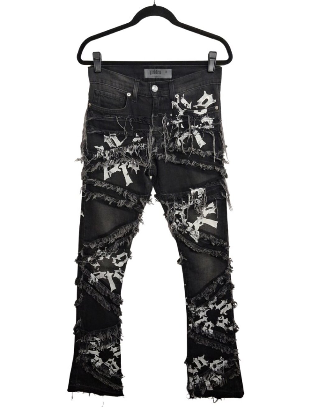 GOLDEN LOS ANGELES Distressed Black Jeans White Print Men Slim Thrashed 28